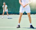 Teamwork, sports and tennis with woman on court for fitness, support and training. Collaboration, health and games with