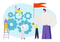 Teamwork success in business, vector illustration, tiny people team character work with gear concept, cooperation Royalty Free Stock Photo