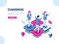 Teamwork success isometric icon, puzzle business solution, working together, association of people, startup, flat vector Royalty Free Stock Photo