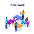 Teamwork success isometric icon, puzzle business solution, working together, association of people, startup, flat vector Royalty Free Stock Photo