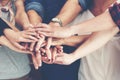 Teamwork Success. Top view executive business people group team happy showing teamwork and joining hands or giving five after mee Royalty Free Stock Photo