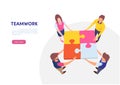 Teamwork successful together concept. Marketing content. Business People Holding the big jigsaw puzzle piece. Flat cartoon. Royalty Free Stock Photo