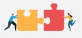Teamwork Successful Together Concept. Marketing Content. Business People Holding The Big Jigsaw Puzzle Piece. Flat Cartoon
