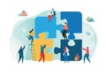 Teamwork successful together concept. Marketing content. Business People Holding the big jigsaw puzzle piece. Flat cartoon Royalty Free Stock Photo