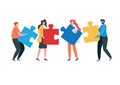 Teamwork successful together concept. Marketing content. Business People Holding the big jigsaw puzzle piece. Flat cartoon Royalty Free Stock Photo