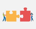 Teamwork successful together concept. Marketing content. Harmonious business people Holding the big jigsaw puzzle piece. Flat Royalty Free Stock Photo