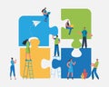 Teamwork successful together concept. Marketing content. Harmonious business people Holding the big jigsaw puzzle piece. Flat Royalty Free Stock Photo