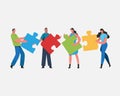 Teamwork successful together concept. Marketing content. Harmonious business people Holding the big jigsaw puzzle piece. Flat Royalty Free Stock Photo