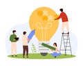 Teamwork, support in business solution, tiny people pushing puzzle pieces into light bulb Royalty Free Stock Photo