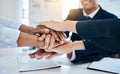 Teamwork, support and victory for business people celebrating a successful meeting in the office. Hands of a team or Royalty Free Stock Photo