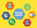 Teamwork and symbols in grunge flat design hexagons