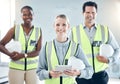 Teamwork, tablet and engineer people or construction worker group portrait with engineering software technology and Royalty Free Stock Photo