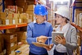 Teamwork, tablet or people in warehouse for inspection info for a delivery order, boxes or website in a plant. Online