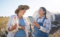 Teamwork, tablet or women farming chicken on field or agriculture for natural sustainability research. Technology