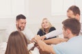 Teamwork and teambuilding concept in office, people connect hand Royalty Free Stock Photo