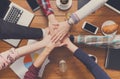 Teamwork and teambuilding concept in office, people connect hands Royalty Free Stock Photo