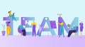 Teamwork tiny people standing big font phrase team, business office coworking space flat vector illustration, isolated