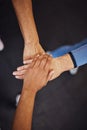 Teamwork, top view and senior women hands together for team building, motivation and unity. Support, collaboration and Royalty Free Stock Photo