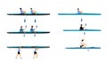 Teamwork of two kayakers paddling double kayak in competition race vector illustration isolated. Sport man crew in kayak boat .