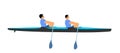 Teamwork of two kayakers paddling double kayak in competition race vector illustration isolated. Sport man crew in kayak boat.