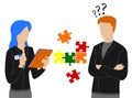 Teamwork. Two people solve puzzle, put jigsaw pieces together. Solving common problem by joint efforts. Work of people in team for