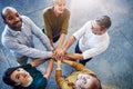 Teamwork, unity and collaboration by hands joining in support of a mission, goal or vision. Portrait of diverse