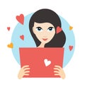 Teanager girl reading a love letter. Flat vector. Royalty Free Stock Photo