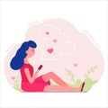 Teanager girl reading a love letter. Flat vector. Royalty Free Stock Photo