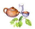 Teaparty: chinese teapot, tea cup and green leaves. Watercolor