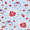 Teaparty with watercolor strawberrys and vintage mugs on light blue Royalty Free Stock Photo