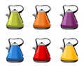 Modern , bright green, orange, purple, blue, red, yellow Kettles, electric teapots isolated cartoon flat set icons. For kitchen Royalty Free Stock Photo