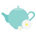 Teapot with chamomile flowers, herbals. Blue Tea kettle vector illustration