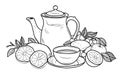 Teapot coloring page with cups of tea and lemon. Breakfast still life