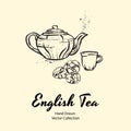 Teapot, cup and biscuits black line hand drawn vector illustration in old style for cafe menu, logo, banner, flayer