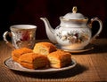 Teapot, cup and biscuits creating cozy atmosphere on table Royalty Free Stock Photo