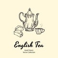 Teapot, cup and cupcake black line hand drawn vector illustration in old style for cafe menu, logo, banner, flayer