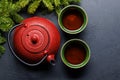 Teapot, cup, and fir tree branches create a cozy scene