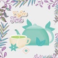 Teapot and cup herbal leaves flower fresh coffee time