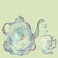 Teapot and cup for tea. Illustration for a tea drinking. Copy space.