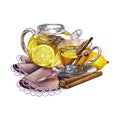 Teapot and cup of tea with lemon, cinnamon and anise. Glass transparent cup and teapot filled with tea.