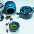 Teapot and cups of Chinese tea on the table for the tea ceremony. Oriental tea set. The concept of a traditional Asian tea Royalty Free Stock Photo