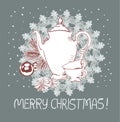 Teapot cups christmas blue pink traditional vector card