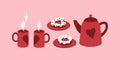 Teapot with cups decorated with hearts and donuts. Festive tea party on Valentines Day. Royalty Free Stock Photo