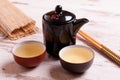 Teapot and cups of green tea on a white wooden background Royalty Free Stock Photo