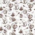 Teapot and cups seamless pattern
