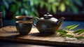 Teapot and cups on table with bamboo leaves. Generative Ai Royalty Free Stock Photo