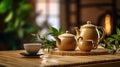 Teapot and cups on table with bamboo leaves. Generative Ai Royalty Free Stock Photo