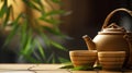 Teapot and cups on table with bamboo leaves. Generative Ai Royalty Free Stock Photo