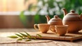 Teapot and cups on table with bamboo leaves. Generative Ai Royalty Free Stock Photo