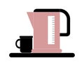 Electric kettle in pink and black, black cup, on a white background. Royalty Free Stock Photo